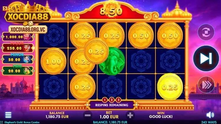  Hệ thống biểu tượng Lucky Elephant Xocdia88 với voi vàng, đồng xu và các icon đặc biệt.