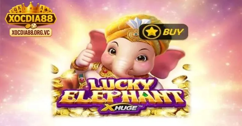 Giao diện Lucky Elephant Xocdia88 với hình ảnh chú voi may mắn, đồng xu vàng và khung cảnh lễ hội rực rỡ.